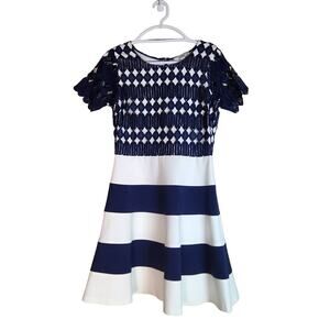 Badgley Mischka Elegant Navy and White Striped Dress